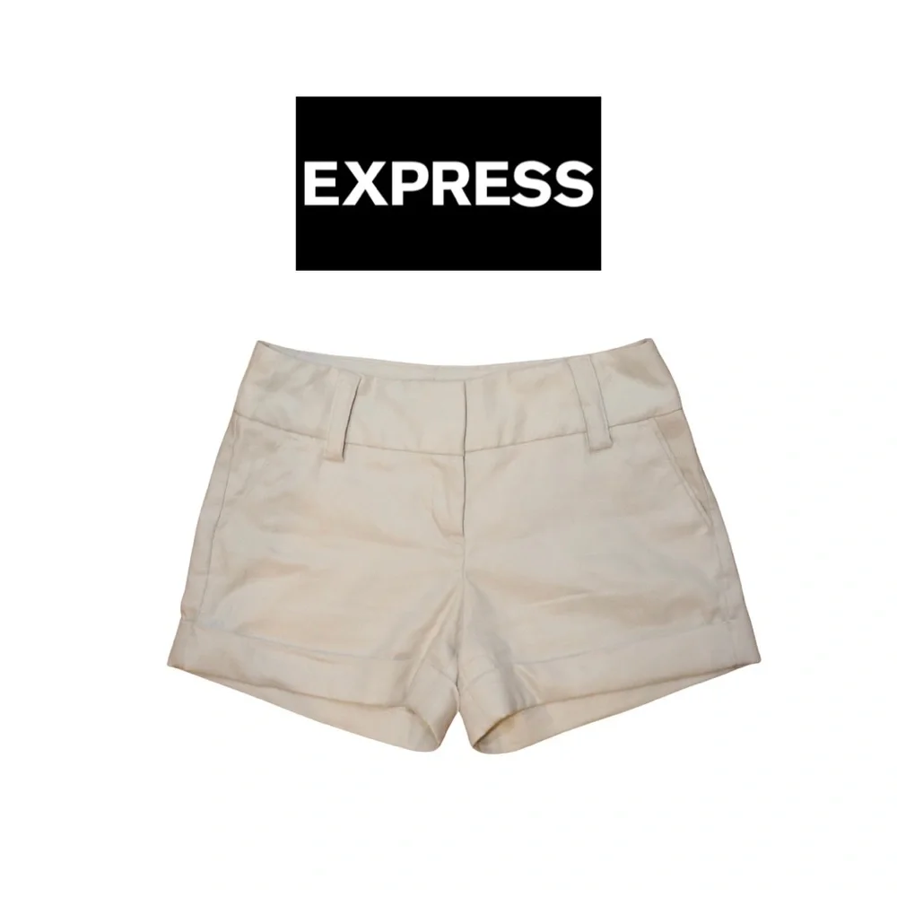 Express Midi Mid Rise Khaki Linen Shorts - Picture 1 of 7